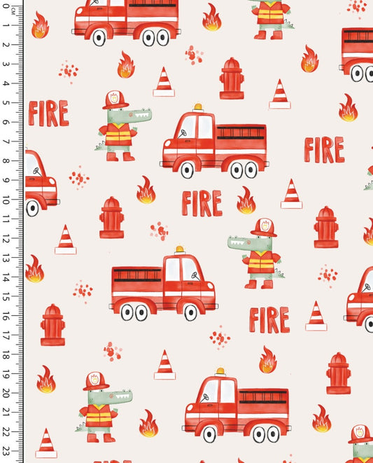 Jersey Stoff mit Feuerwehrautos und Krokodilen für Kinderbekleidung